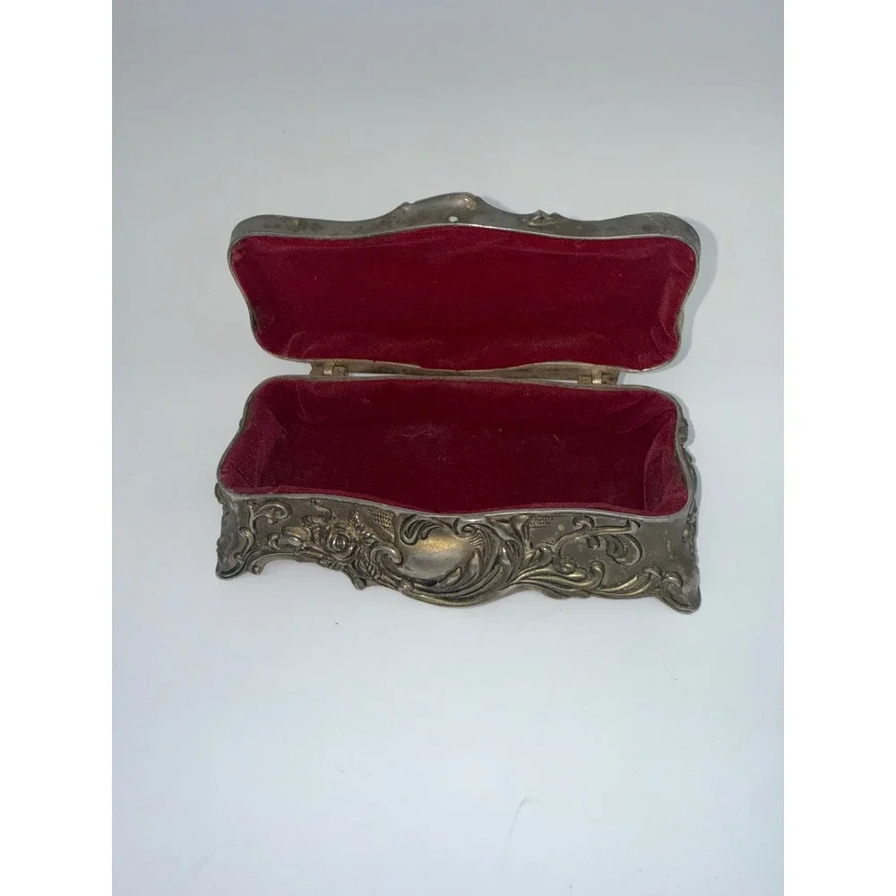 Vintage Art Nouveau Silver Tone Rose Floral Metal Trinket Jewelry Box Red Velvet